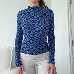 Urban Outfitters Blue Ellie Checkered Lightweight Mockneck Sweater